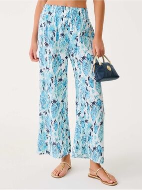 Lilly Pulitzer Aqua & Navy Floral Wide-Leg Coverup Pants